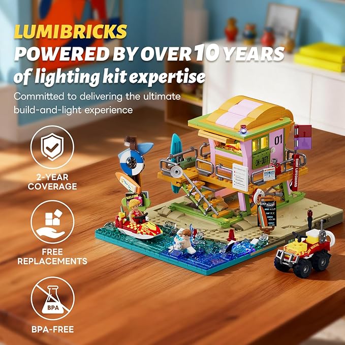 Beach Lifeguard Tower Lighting Building Bricks Set - 1015 Pcs Road Trip Lifeguard Tower Light Construction Building Model Set for Adults and Travelling Lovers