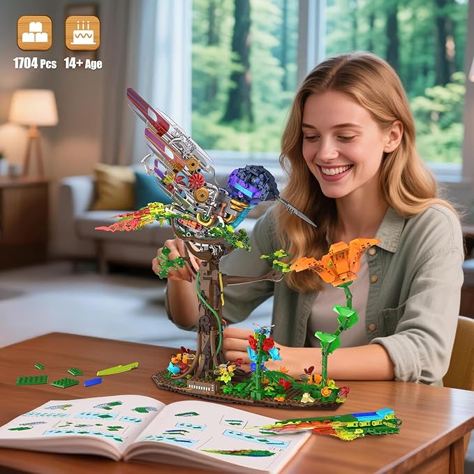 Hummingbird Building Blocks Set for Adults Boys Girls (1704 Piece) Animals Bird + Flower Natural Jungle Model with Lights Cool Mech Bird Home Decor Display Model Creative Birthday Gifts