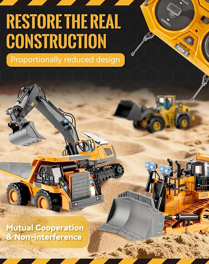 Construction Rc Set of 4 – Realistic Excavator Set Bulldozer Dump Truck &amp Loader Toy –Command The Site Conquer The Dirt with 2.4ghz Control Led Lights Die-Cast Metal Parts (1cp-4)