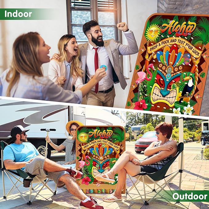 Blosssound 41.3 x 29.5 Extra Large Prize Drop Board Game Family Foldable Wood Disk Drop Game with 24 Colored Wooden Discs for Party Show Carnival Activity(Hawaii Style)