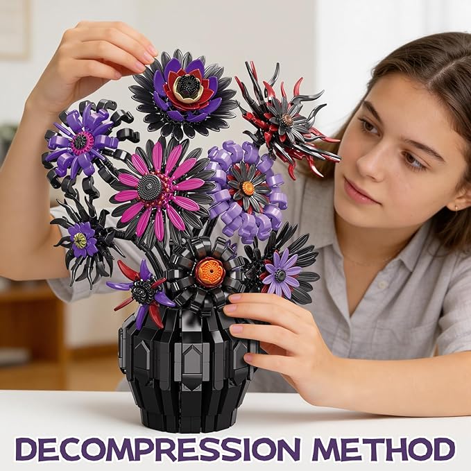 Flower Bouquet Building Blocks Set with Vase Purple Sunflower Brick Flowers DIY Artificial Flower Decor Building Toy for Adults Desk Home Decoration Gift for Women