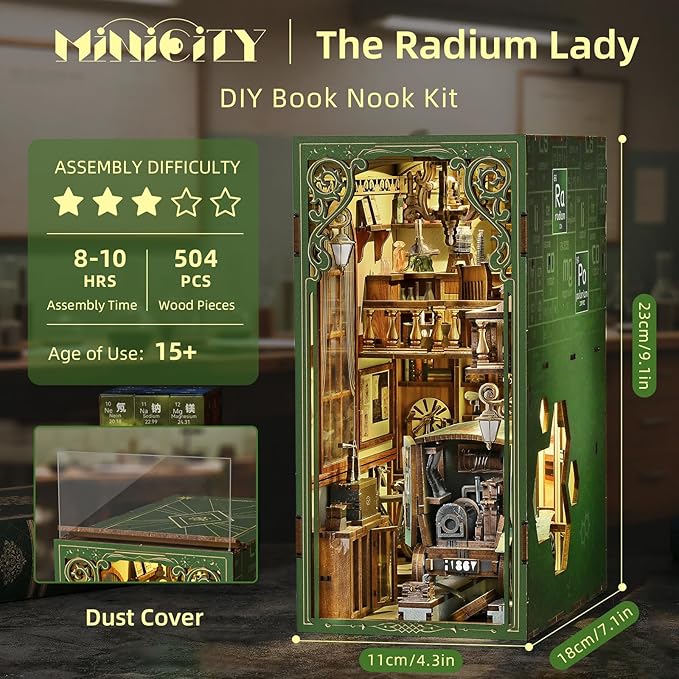 Book Nook Kit DIY Miniature Dollhouse Kit 3D Puzzles for Adults Tiny House Mini Home Craft Bookshelf Nook Puzzle Book Decor Gifts for Teenagers Book Lovers (The Radium Lady)