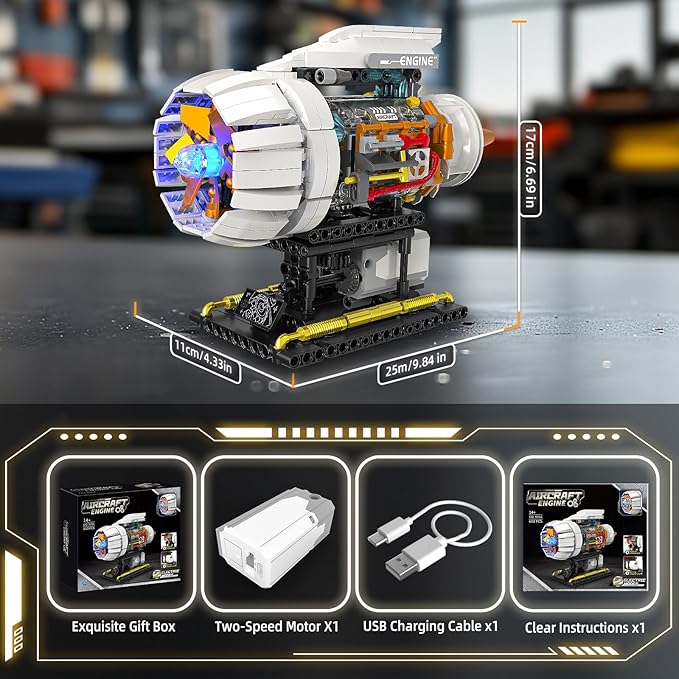 Aircraft Engine Building Kit for Adults STEM Mini Engine Model Toy with Motor &amp Hand Rocker Compatible with Lego Airplane Set Gift Idea for Teens Boys 8-14+ (635 PCS)