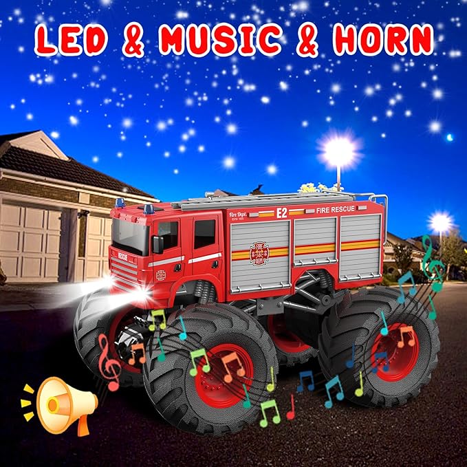 Remote Control Car RC Fire Truck for Kids RC Monster Truck Toy 2.4GHz 1:18 Scale Model Vehicle with LED Lights Sounds Racing Sport Toy Car for Adults Boys Girls Kids Gift 2Pcs Batteries