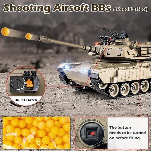 1/18 M1A2 Abrams RC Tank 2.4G Remote Control Tank That Shoot BBS with Smoke Sound and Lights 165ft Remote Control Army Model Toy Military All-Terrain Vehicle for Kids &amp Adults