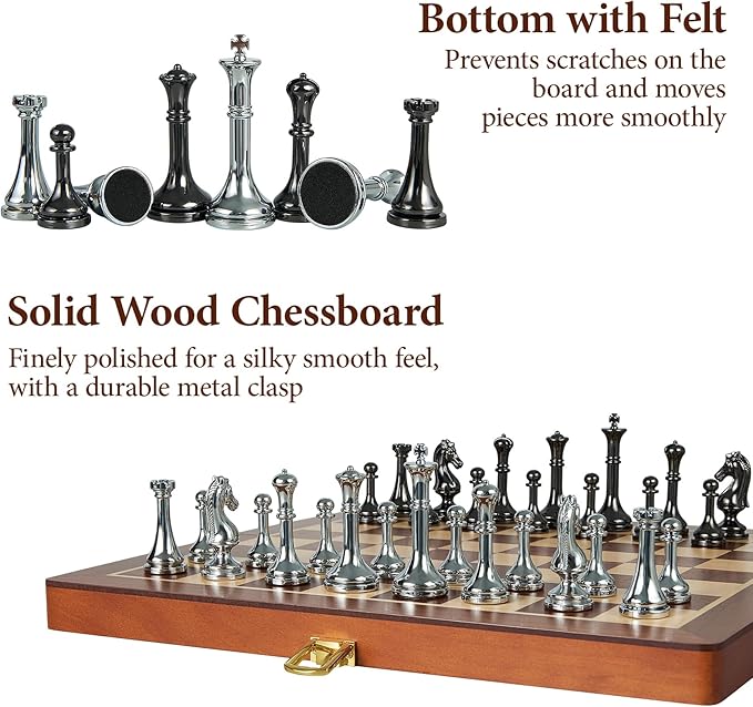 Metal Chess Set for Adults and Kids - 12 Inch Wooden Folding Chess Board and Metal Pieces Travel Portable Chess Set - Extra Queens &amp 2.5 King Ideal Gift for Chess Enthusiasts &amp Beginner