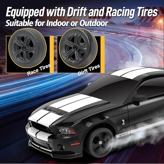YONCHER RC Drift Car Remote Control Car for Kids Ford Mustang Shelby GT500 Officially Licensed 1:24 20KM/H 4WD with Lights Fast Racing Toy Car for Boys Girls Black