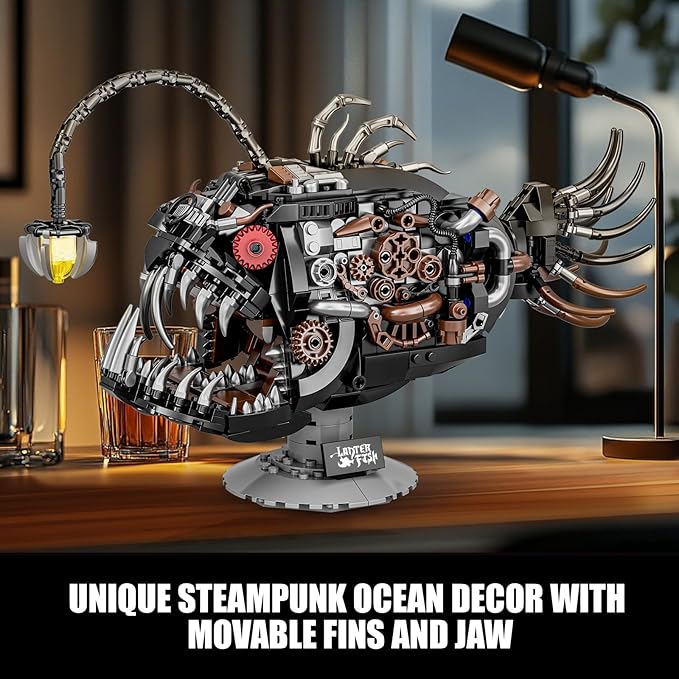 Mechanical Angler Fish Building Set with Light Creative Ocean Lantern Fish Animal Toy for Home Office Decor Compatible with Lego Shark STEM Gift for Adults Teens Boys 8-14+ (1038 PCS)