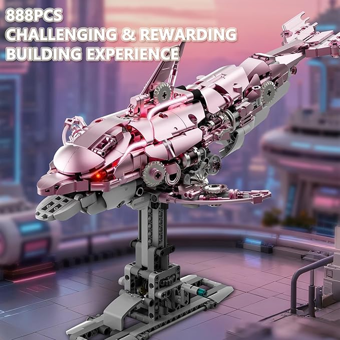 888-PCS Mechanical Pink Dolphin Building Set with LED Light Movable Linkage Gears Display Stand - Ocean Building Block Toy for Adults Teens Kids Age 12+