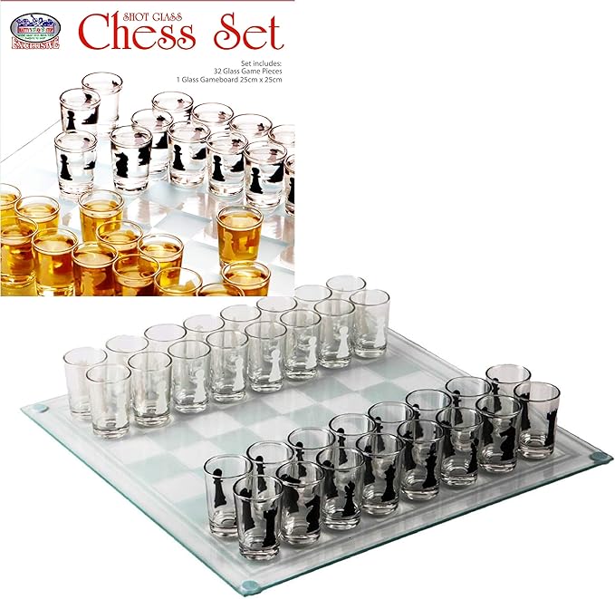 Matty's Toy Stop Small Shot Glass Chess Set Drinking Game Set (10 x 10) with Plastic Shot Glasses (1.5) and Glass Game Board - Drunken Chess