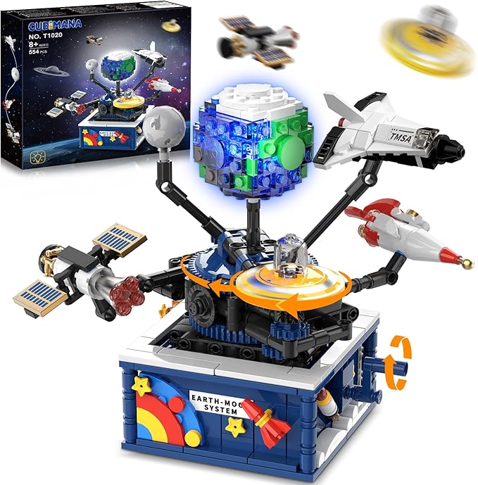 Planet Rotatable Space Sets with Light - Earth &amp Moon Space Exploration Building Toys with Shuttle Spaceship Science Kits Building Blocks Gifts for Kids Age 8+ Years Old Boys Girls(554 PCS)