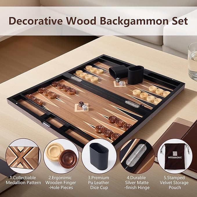 Wooden Backgammon Set for Adults – 19 Inch Classic Board Game Case - Premium Folding Backgammon Set with Wooded Playing Pieces Dices - Large Wood Inlaid Travel Backgammon Game Set for 2 Players