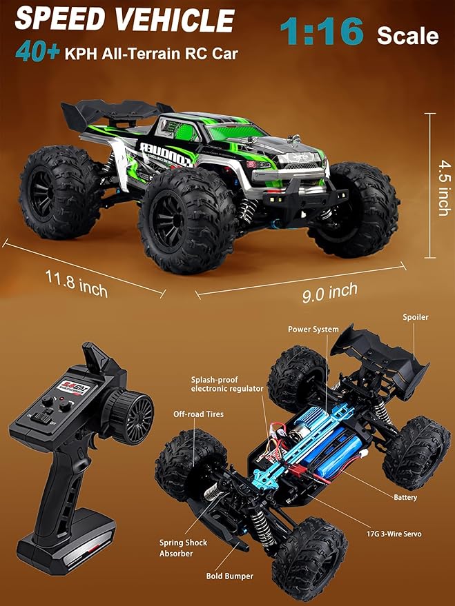 1:16 Scale RC Cars for Adults High-Speed 4WD Offroad Hobby Remote Control Truck 50km/h Fast 2.4GHz All Terrain RC Monster Buggy with 2 Batteries (RTR/Green)