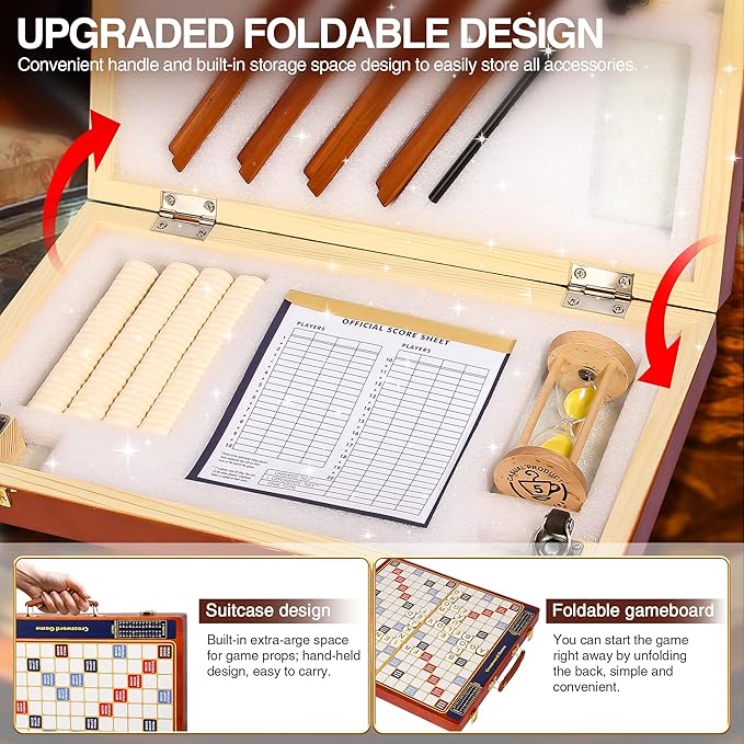 Crossword Game with Magnetic Letter Tiles Foldable Board into Portable Carry Case Luxury Edition Word Building Game with Rotating Wooden Board Educational Family Board Game for 2-4 Players