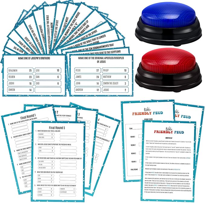Christian Bible Friendly Feud Game with 2 Answer Buzzers Religious Feud Card Board Game Night Family Church Group Fun Trivia Quiz for Christmas Easter Party Office Class Team Building