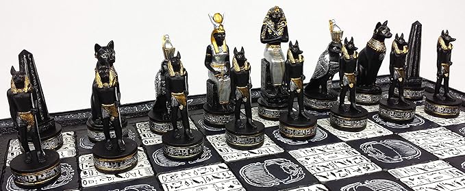 Egyptian Anubis Black and Silver Chess Men Set with Gold Accents - NO Board