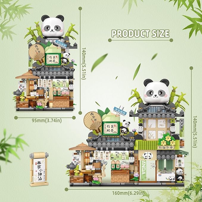 Street View Tea Shop Mini Building Blocks MOC Creative Building Toys Cute Panda Animals Building Set for Girls 6-12 Simulation Architecture Construction Toy Gift Idea for Kids Adults (860PCS)