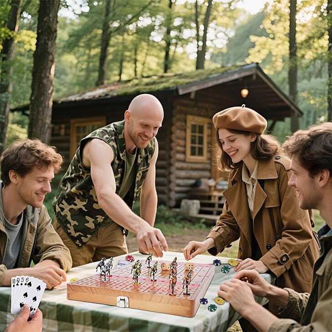 Glintoper Large 21 Horse Racing Game Horse Race Board Games with 11 Luxury Metal Horses Foldable Wood Board with 2 Dices 2 Boxes of Cards 40 Poker Chips Finish Line for Parties