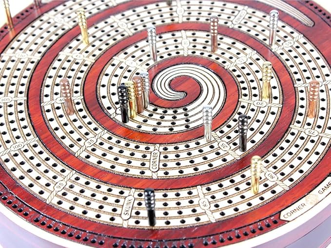 House of Cribbage - Cribbage Board Spiral Design Round Shape 4 Tracks Bloodwood/Maple with Place for Skunks Corners &amp Won Games