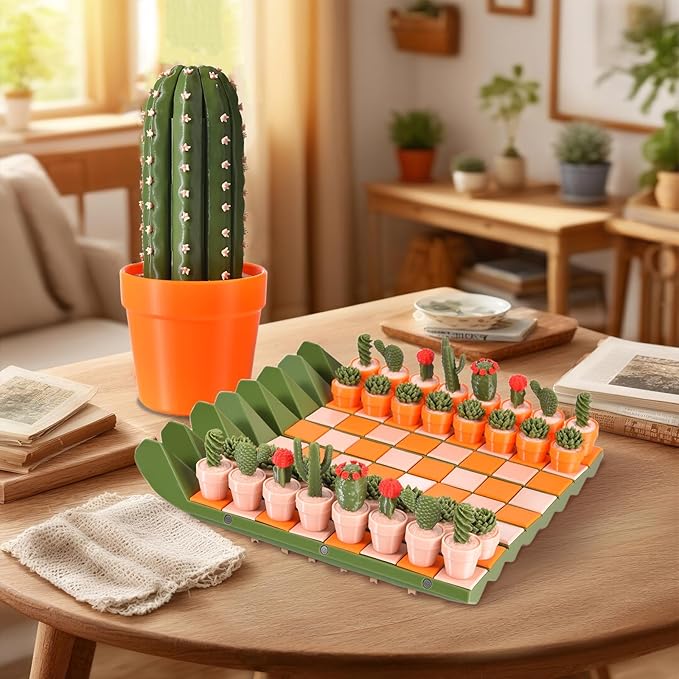 Cactus Chess Set - 3D Printed Cactichess - Roll Up Portable Travel Chess Board - Easy to Store Cactus Magnetic Chess Set Fun Chess Gift for Plant Lovers