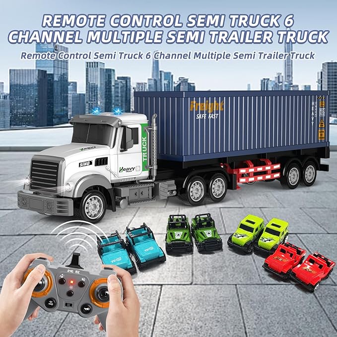 Mostop RC Semi Truck with Trailer - 23.6 Inch Large Remote Control Toy for Kids 3-8 2 Rechargeable Batteries 8 Mini Cars LED Lights &amp Sound 2.4GHz Semi-Trailer Truck Toys for Boys Girls