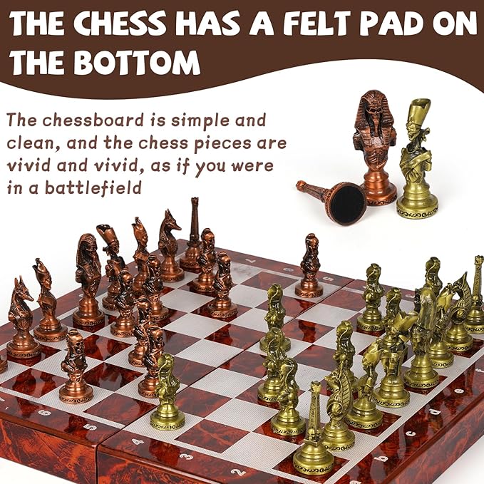 Large Egyptian Metal Chess Set for Adults – 15 Inch Foldable Wooden Chess Board with Weighted Antique Chess Pieces – Vintage Luxury Game Gift for CollectorsClassic Board Game