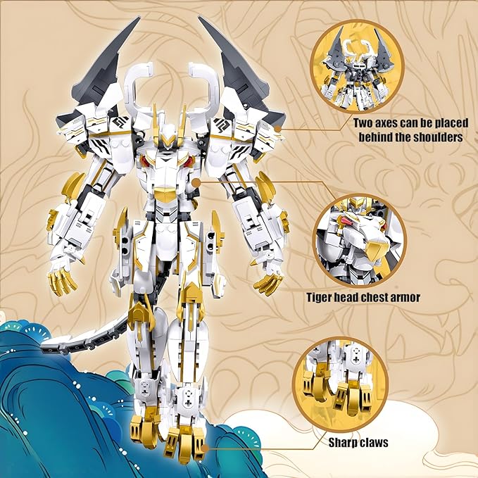 HIGH GODO Mech Robot Building Blocks Set for Adults Flexible Cool White Tiger Warrior Model Kit with Two-Handed Axes Weapon Toy Playset 679 Pieces Creative Mythical Ninja Gifts for Man Teens 14+