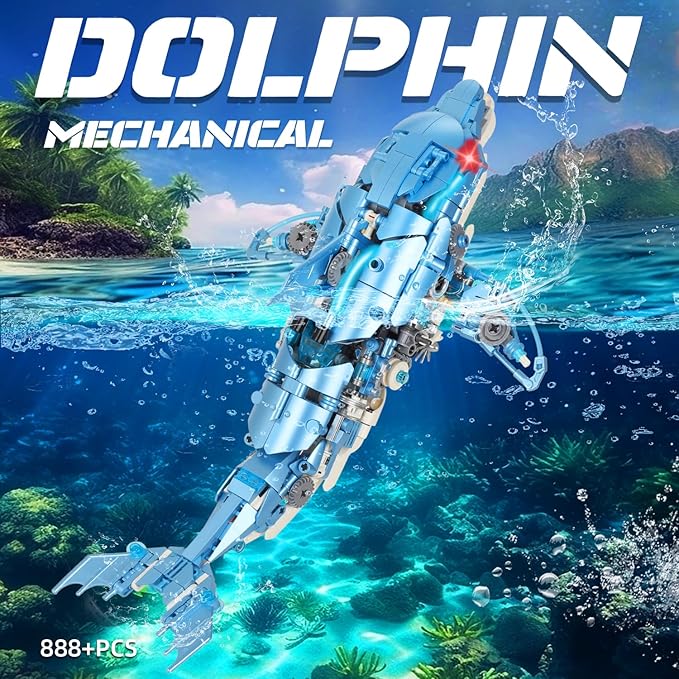 Mechanical Blue Dolphin Building Blocks Linkage Kit Sea Animal Model with Lighting Display Stand STEM Power Toy DIY Desktop Ornament for Kids &amp Adults Ages 12+ Birthday Gift Idea 888pcs
