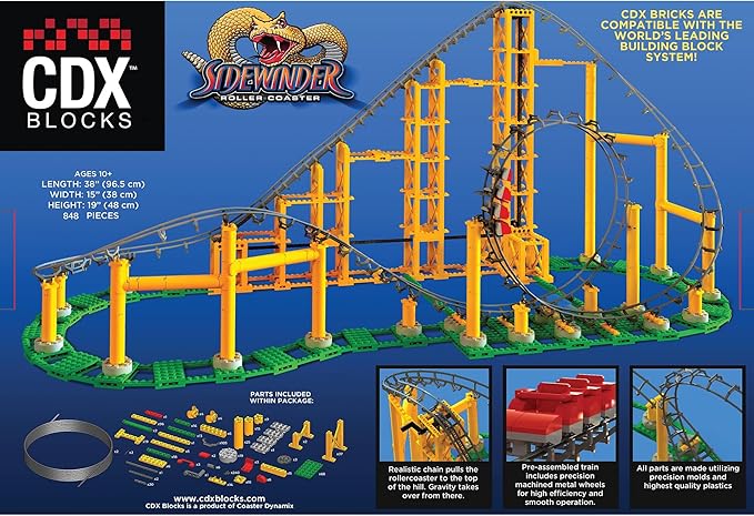 CDX Blocks: Sidewinder - 825 Pieces Building Brick Set Gravity Powered Looping Coaster Model Promotes STEM Learning