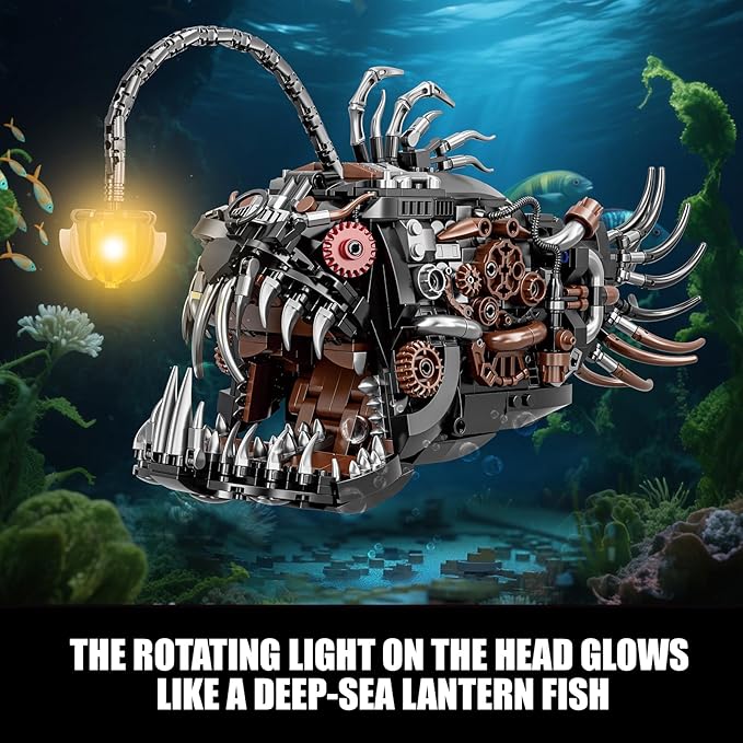 Mechanical Angler Fish Building Set with Light Creative Ocean Lantern Fish Animal Toy for Home Office Decor Compatible with Lego Shark STEM Gift for Adults Teens Boys 8-14+ (1038 PCS)