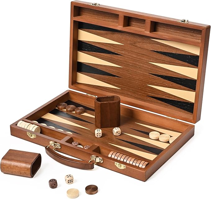 ropoda Sapele Wood Backgammon Board Game Set (15 Inches) for Adults and Kids - Classic Board Strategy Game - Portable and Travel Backgammon Set with Wooden Playing Pieces and Accessories