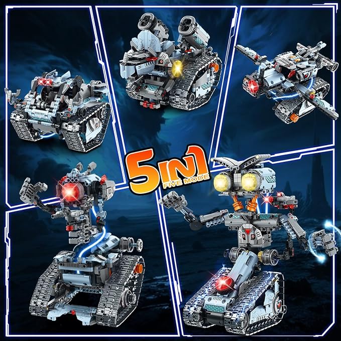 Robot Building Toy with Lights 5 in 1 Robotic Building Set with APP &amp Remote Control RC Tech Tracked Tank Car Fighter Jet Model Kit 795 PCS Easter Gift for Kids Boys Girls Ages 8+