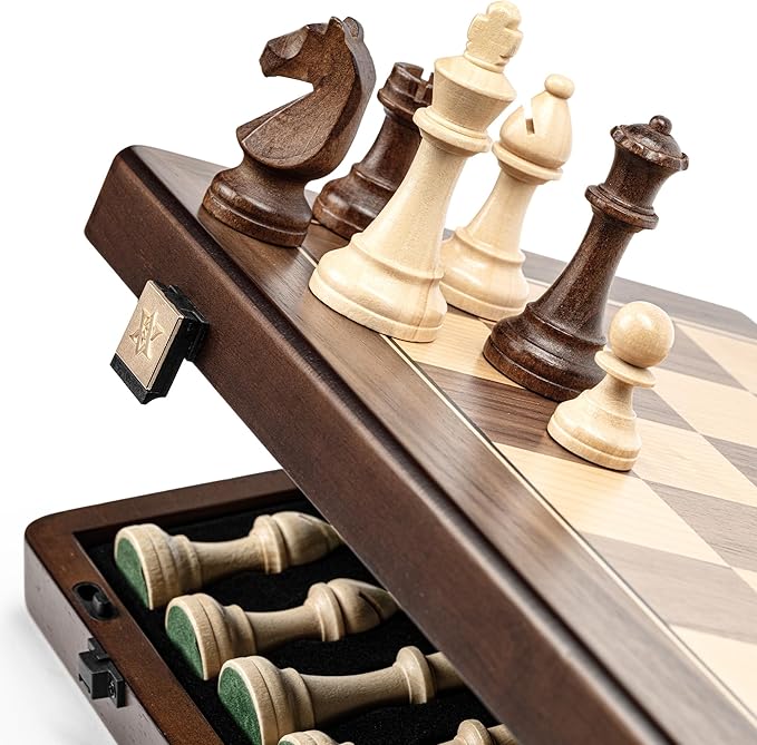A&ampA 15 Magnetic Wooden Chess Set Handmade 3 King Height Staunton Chess Pieces with 2 Extra Queens Folding Portable Travel Game Set