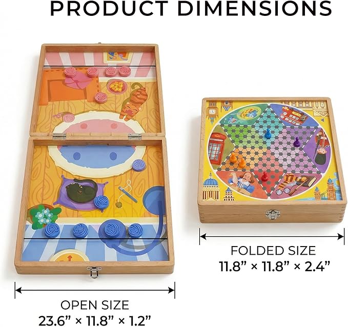 5-in-1 Wooden Board Games for Kids &amp Adults Premium Beech Wood Frame Family Game Center with Fast Sling Puck Detachable Flat Chess Board Chinese Checkers Ludo &amp Snakes and Ladders