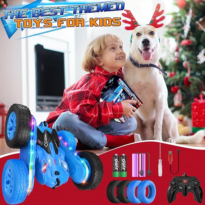 Remote Control CarRC Cars with Sides Light Strip and HeadlightsDouble Sided 360 Flips Rotating RC Stunt Car2.4Ghz All Terrain Toys for Ages 4-8 Kids Toy for Boys Birthday Gift(Blue)