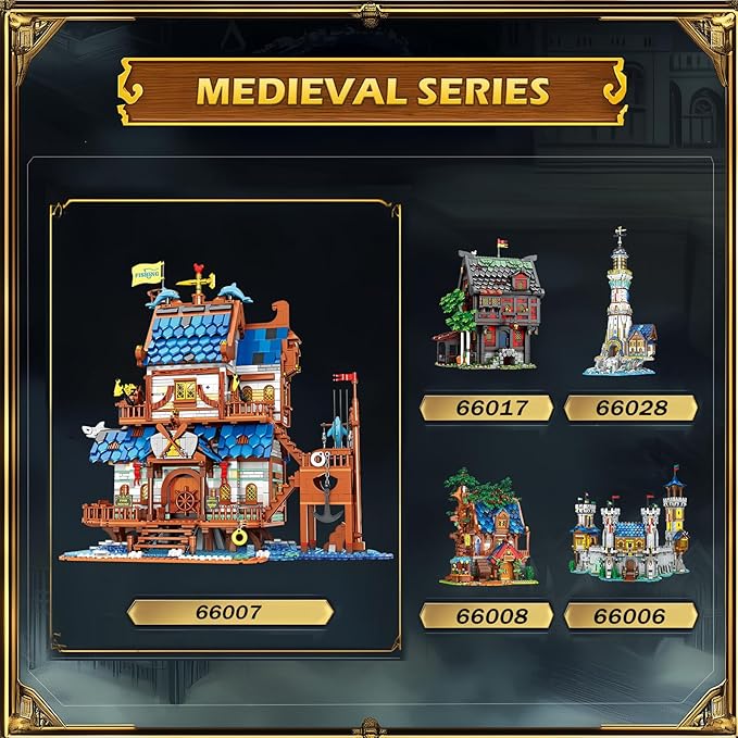 Reobrix Medieval Fishing Store Lighting Building Block Sets for Adults Medieval Architecture Display or Home Office Decor Creative Construction Building Kits 66007 Idea Gift for Adults