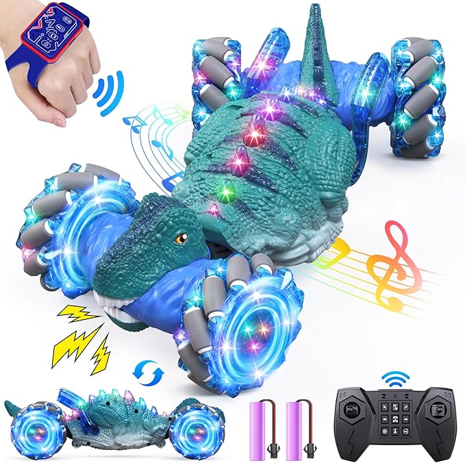 Remote Control CarDinosaur Toys car for Kids2.4GHz LED Gesture Sensing RC Car4WD Rotation RC Stunt Car with Lights and MusicDino Toys for Kids Ages 3 4 5 6 7 Gifts for Boys Girls(Blue)