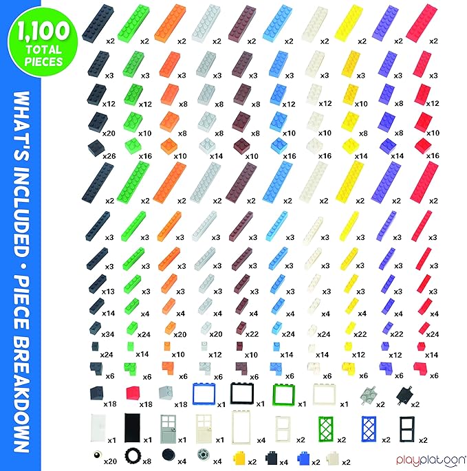 Play Platoon 1120 Pieces Building Bricks Set - 10 Classic Color Blocks - Bulk Building Blocks Compatible with Major Brands - 14 Different Shape Bricks - Includes Wheels Tires Axles Windows &amp Do