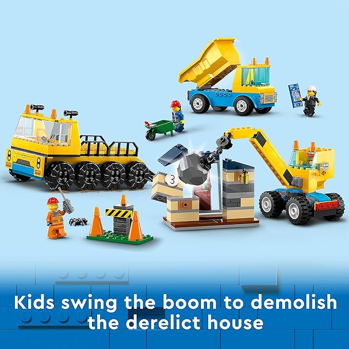Lego 60391 City Camiones de Construcción y Grúa con Bola de Demolición Excavadora de Juguete Camión Basculante y Vehículos de Transporte Set de Aprendizaje para Niños y Niñas a Partir de 4 Años