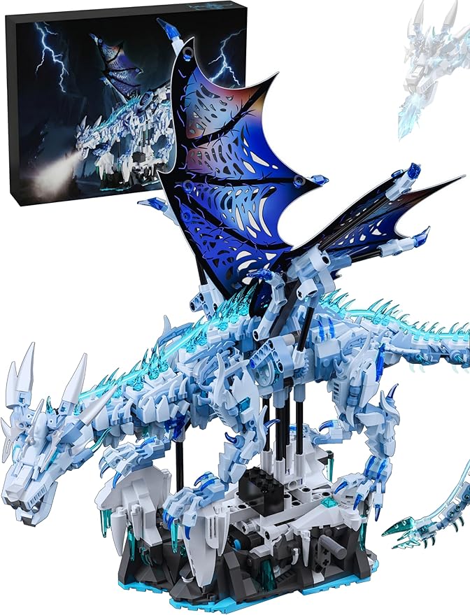 Mechanical Ice Dragon Building Set 1646 Pieces Large Fantasy Model Kit with Articulated Flapping Wings Blue Mythical Creature Decor for TV Series Fans Compatible with Major Brands