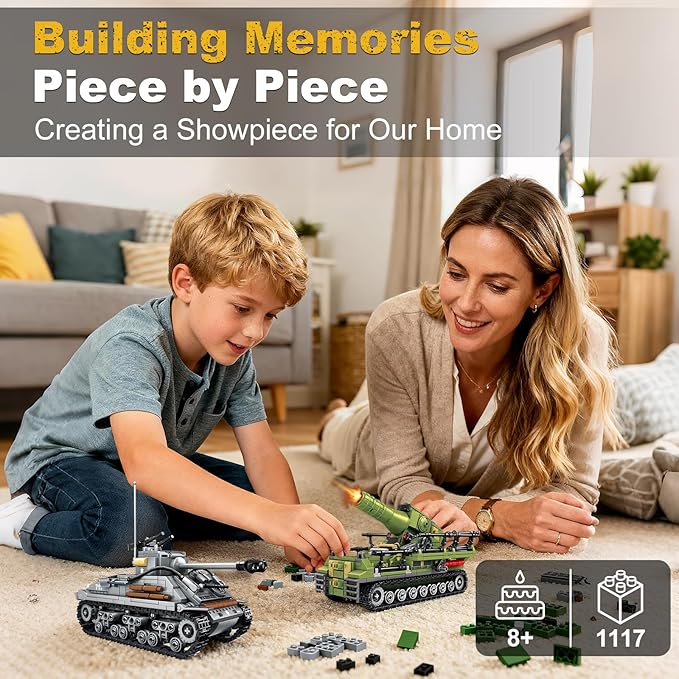 WW2 Building Block Army Tank-Kit for Boys Men 1:32 Movable US Sherman &amp GE Karl Mortar Military Toys for Kids Ages 8+ Mini Cannon Vehicle Model History Birthday Gifts for Teen Girls 1117 Pieces