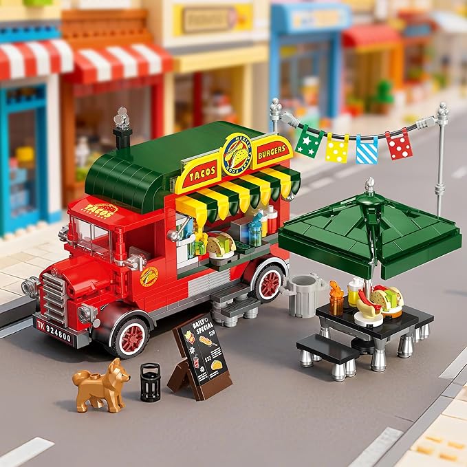 Taco Food Truck Building Set Building Toy Pretend Play Set for Kids Girls and Boys Dining Table &amp Chair Menu Hot Dog Sauces Fun Gift Idea for Birthdays &amp Holidays Friend Building Time