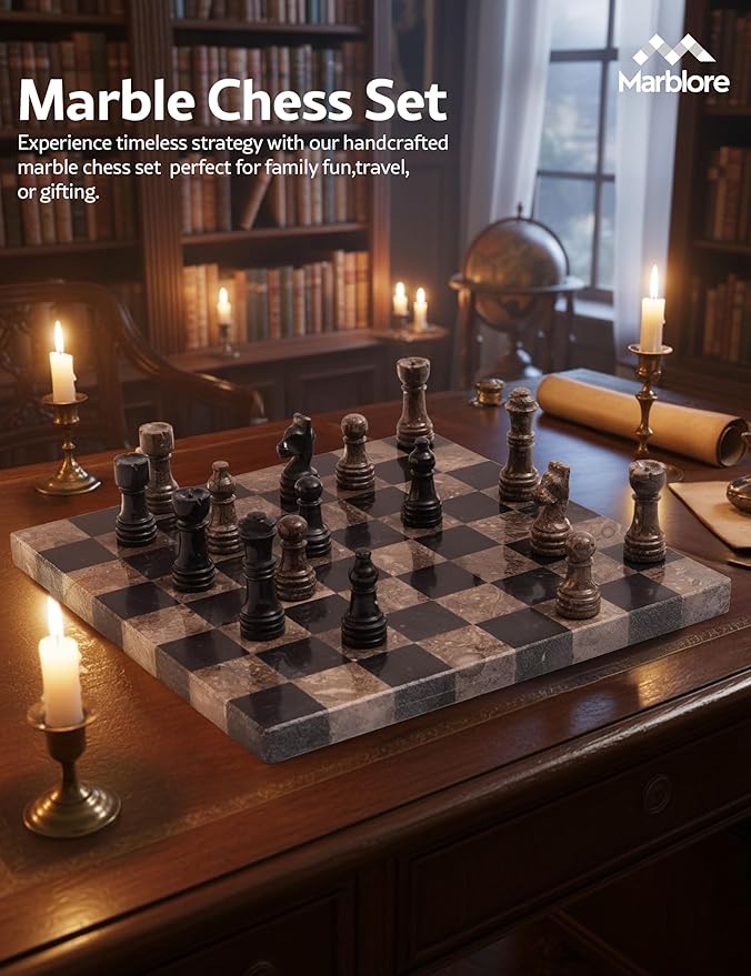 Marble Chess Set 10 Inch Oceanic &amp Black Travel Chess Board with 32 Pieces &amp 2 Extra Queens Luxury Decorative Stone Chess Game for Adults Ideal Gift for Women's Day