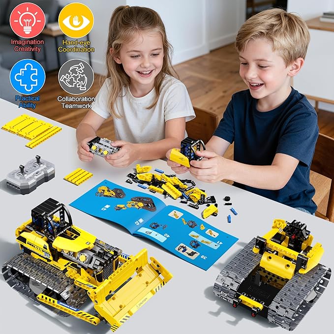 zinat 3 in 1 STEM Remote Control Bulldozer Building Set DIY Engineering Construction Kit with APP &amp Remote Educational Robot Blocks Toy Birthday for Kids Teens Adults - 452 Pcs