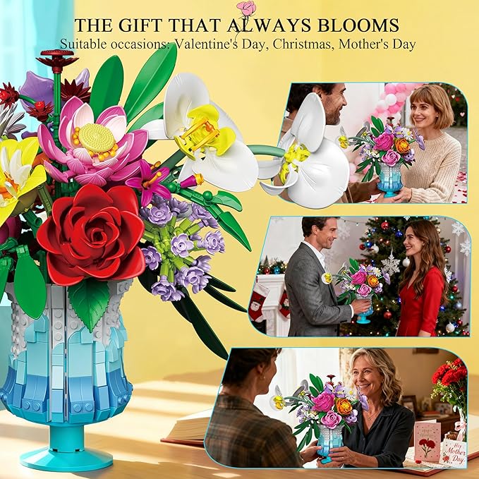 Flower Building Set with Vase Artificial Botanical Flower Set for Adults Women Home Décor Display Romantic Gift for Christmas Valentine’s Day Compatible with Lego Flower 956 PCS