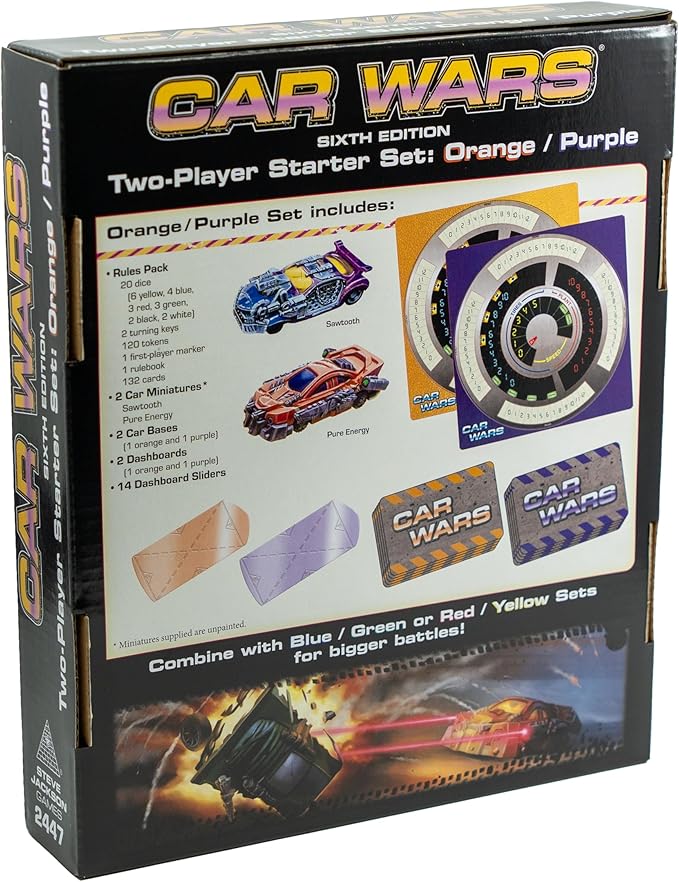 Steve Jackson Games Car Wars 2-Player Starter Set Orange/Purple 6th Edition – Strategic Car Combat Fast-Paced Action Tactical Board Game Ages 14+ 2 Players