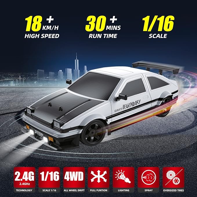 RC Drift Car Drifting RC Car for Adults 1/16 2.4GHz 4WD Remote Control Cars with Smoke LED Lights Rechargeable Battery and Drifting Tires Toy Cars for Boys Kids