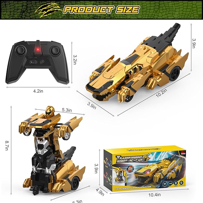 Dinosaur Transform Rc Cars 2.4Ghz Remote Control Car Transforming Robot with Flashing Light 360° Rotation One Button Deformation Car Toy Gifts for Boys Age 4-7 8-12