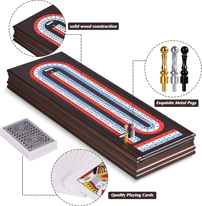 VAMSLOVE 16'' Cribbage Board Game Set Wooden 3-Track Scoreboard with Large Slots for Storing 2 Playing Cards and 9 Metal Pegs Travel Family Game Night (Instruction Included)