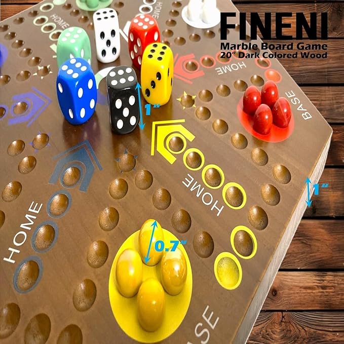 Wooden Board Games Marble Board Game Original with Dual Sides Fast Track Board Game for 2 to 6 Players Double Side Marble Game 6 Colors 30 Marbles Set and 6 Color 6 DicePouch (20 Dark)